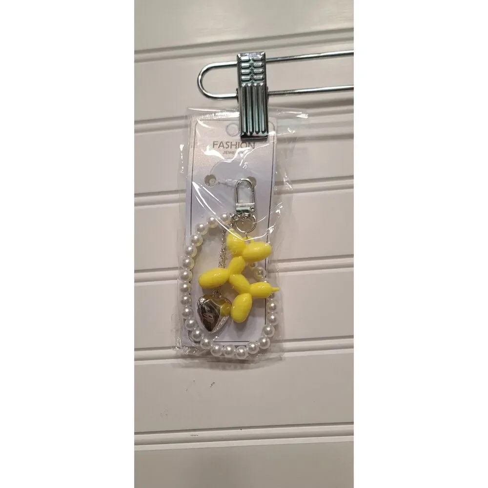 Yellow Balloon Dog Keychain w/ Silver Heart & Pearls | Cute Charm Accessory